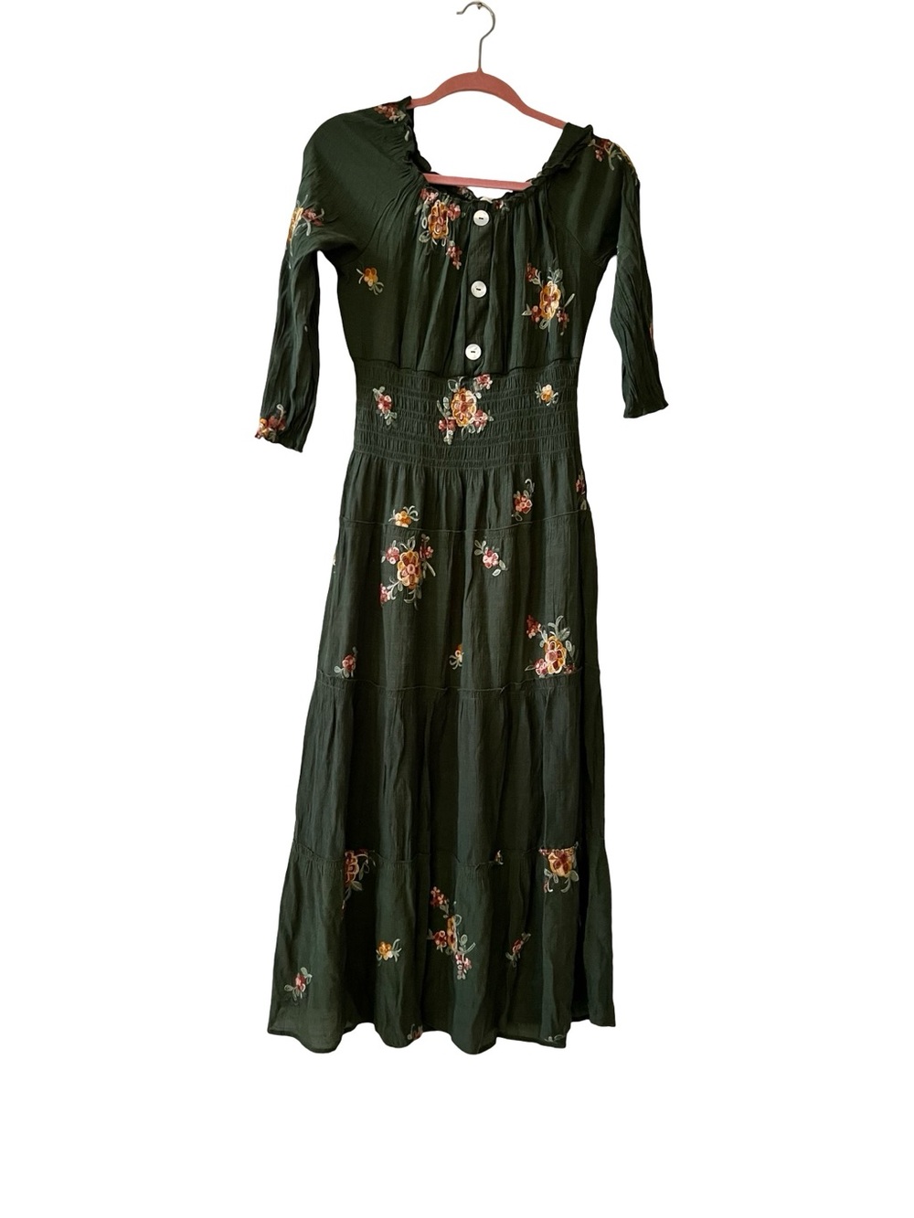 Fig & Flower Embroidered Green Midi Dress Cottagecore Boho | Size Small - Picture 2 of 5
